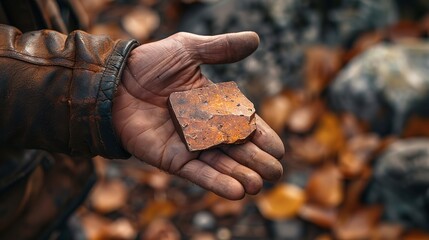 Man's hand inspecting a chunk of copper for industrial usage against a hazy background with a space for text, Generative AI.