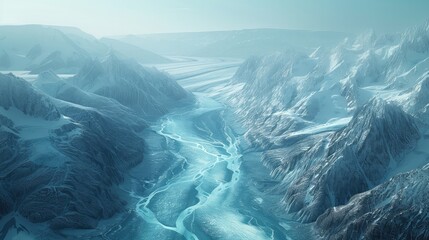 A serene glacial valley with glaciers converging into a frozen riverbed.