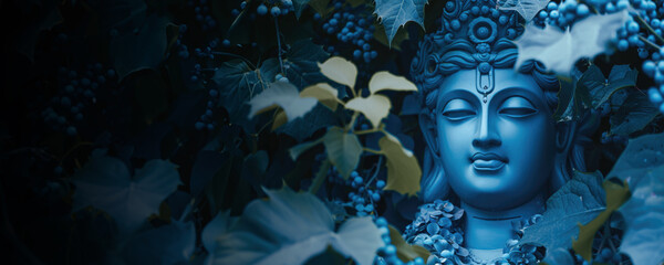 Beautifully Blue-Skinned Statue of Lord Rama Face with Eye Closed on Nature Background. Can Be Used as Shri Ram Navami Banner. - obrazy, fototapety, plakaty