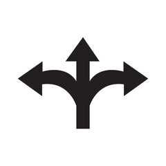 Three-way directional arrow in flat style. Road direction icon isolated. Vector icon of branching three arrows. Vector illustration, eps10