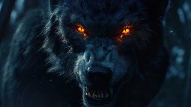 A grinning wolf with glowing eyes close-up. Generative AI