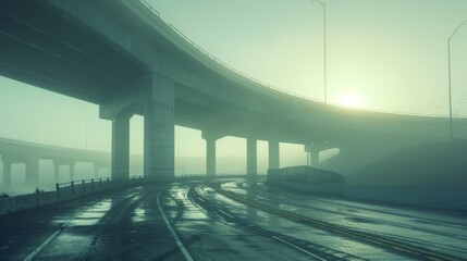 A highway with a bridge over it in the fog, AI