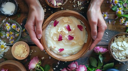 Mixing natural face mask ingredients by hand on a wooden table for radiant and healthy skin against flower in the background, Generative AI.