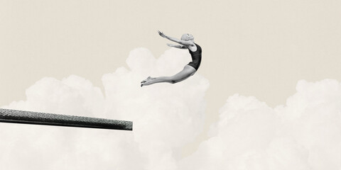 Poster. Contemporary art collage. Young athlete woman jumping to pastel beige clouds symbolizing...
