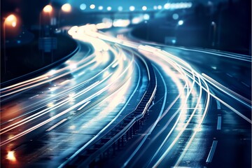 Fototapeta na wymiar Abstract highway light trails in blue webcore style, evoking intertwined networks and fleeting brushstrokes. car light trails with tilt shift.