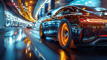 back rear wheel of fast moving car with motion blur. Luxury black car at night
