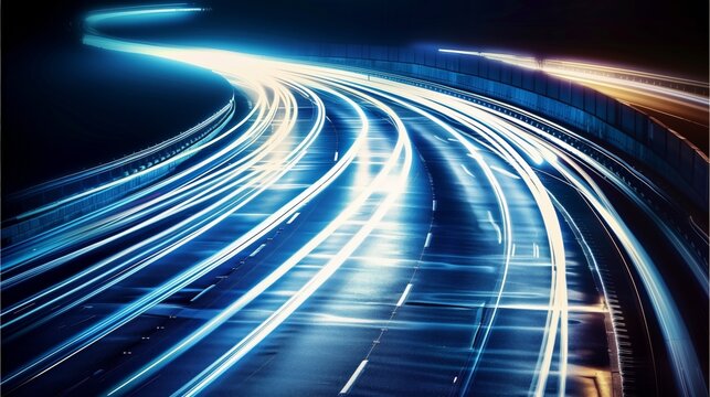 Abstract highway light trails in blue webcore style, evoking intertwined networks and fleeting brushstrokes. car light trails with tilt shift.