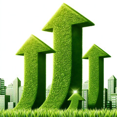 Illustration of upward-pointing arrows made of lush green grass, symbolizing eco-friendly progress,.