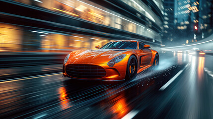 luxury orange sports car drives fast on road at night in city