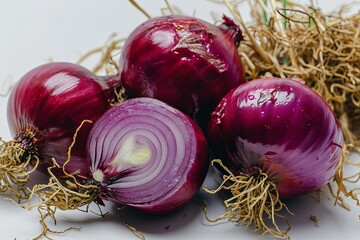 Fresh whole and sliced red onion on white background