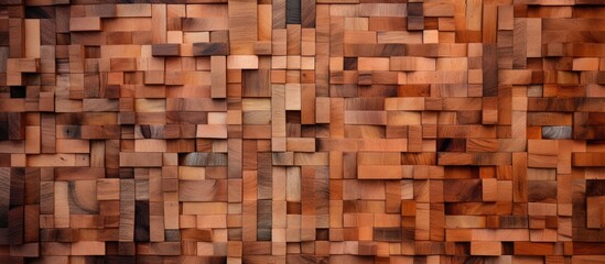 A wall constructed from small wooden blocks, forming a textured pattern against a black background. The blocks are neatly arranged, creating a sturdy structure.