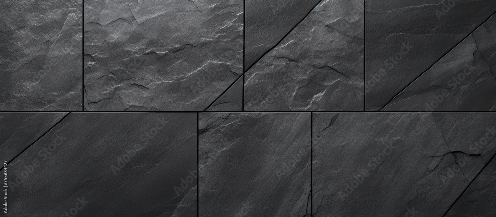 Poster a collection of black slate tiles arranged in different angles, showcasing the texture and color var
