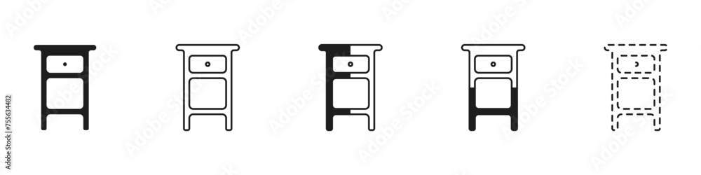 Poster set of simple sideboards vector. linear box for things. chair with bedside vector. nightstand outlin