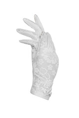 Close-up shot of a pair of white women's gloves with iTouch technology decorated with lace and bows. Short fishnet touchscreen gloves are isolated on a white background. Front view.