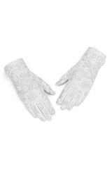 Close-up shot of a pair of white women's gloves with iTouch technology decorated with lace and bows. Short fishnet touchscreen gloves are isolated on a white background. Top view.