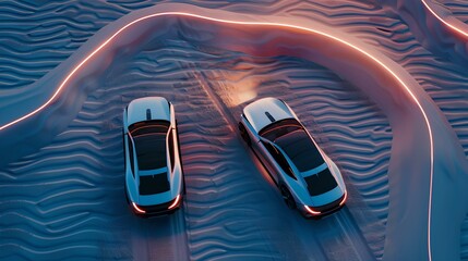 Futuristic autonomous cars on illuminated track at twilight. conceptual smart vehicles in action. stylish modern design. automated transport of the future. AI