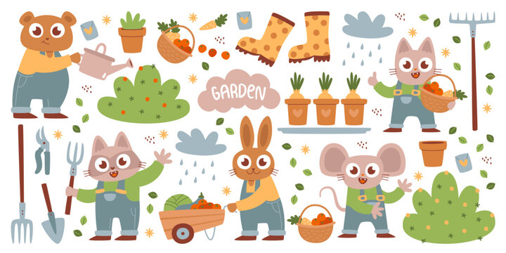 Forest and domestic animals gardeners characters caring plants, harvesting set vector illustration