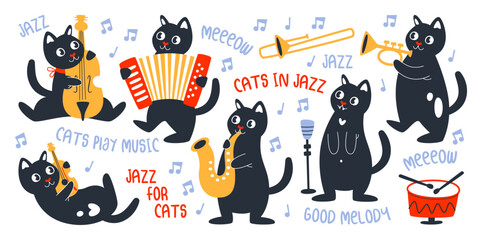 Cute cats musical jazz band playing music instrument, singing song set vector illustration © Mykola Syvak