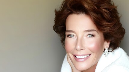Naklejka premium Happy middle aged women smiling in bright studio shot with copy space for advertising text placement