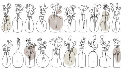 Glass vases with flower bouquets and plants bunch for home decoration set vector illustration