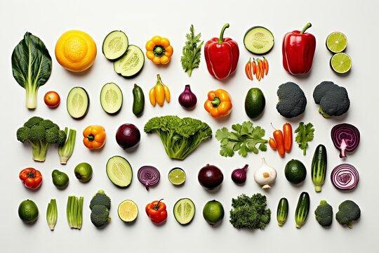 Top View Healthy Food with assortment of fresh different fruits and organic vegetables harvest concept on white background