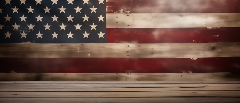 American flag on wooden background. Wooden table with US flag