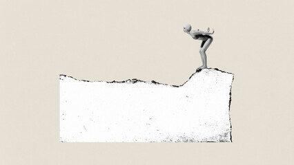 Poster. Contemporary art collage. Young athlete woman in diving clothes stands in position on edge of piece of paper. Concept of sport, competition, victory, championship, strength and power. Ad