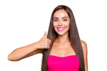 Recommendation facial emotion expressing people person concept. Close up photo portrait of pretty cute excited attractive with beaming smile lady giving finger up isolated on bright vivid background