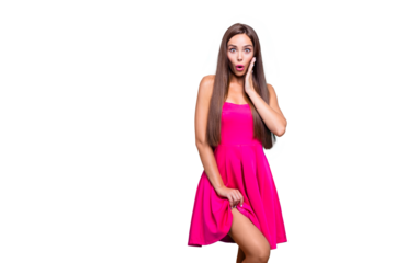 Close up photo portrait in studio of pretty cute sweet lovely charming glad nice with big pop eyes lady looking at camera holding dress with hand isolated on vivid blue background