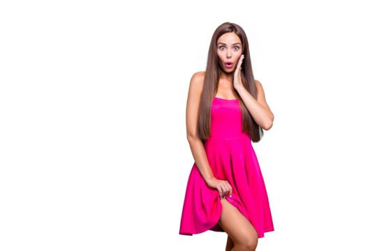 Close up photo portrait in studio of pretty cute sweet lovely charming glad nice with big pop eyes lady looking at camera holding dress with hand isolated on vivid blue background