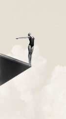 Poster. Contemporary art collage. Woman diver on edge of high dive platform with clouds below against beige background. Concept of sport, competition, victory, championship, strength and power. Ad