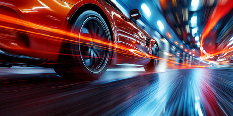 rear wheel of fast moving car with motion blur on asphalt close-up