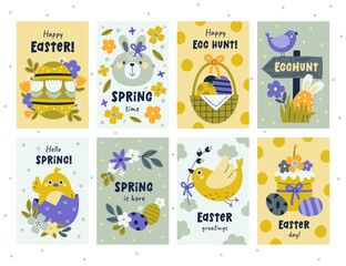 Trendy spring happy Easter greeting cards and posters templates with cute holiday characters