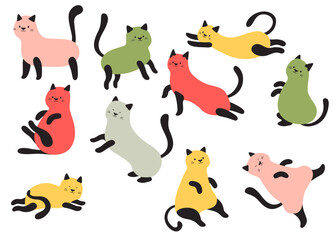 Cute hand drawn colorful lazy cats doodle characters in different poses vector illustration
