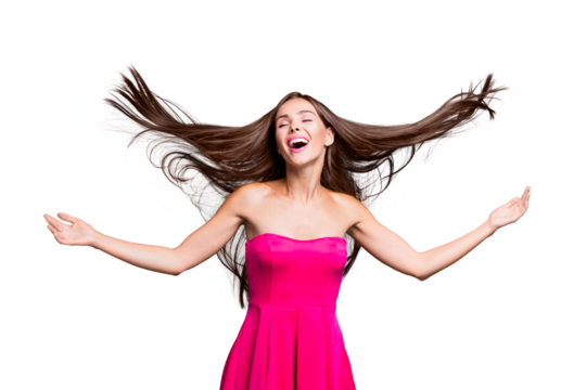 My hair is so clean clear ideal! I want to dance! Studio photo portrait of cheerful glad attractive pretty confident lovely sweet satisfied lady waving with hands isolated on bright blue background - Powered by Adobe