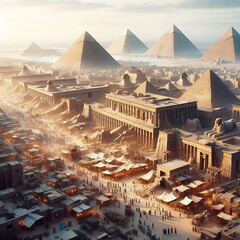 An ancient Egyptian city at the peak of its glory, with pyramids, Sphinx, and people bustling markets - Generative AI