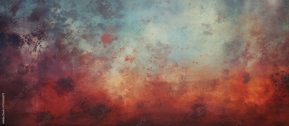 Poster a painting featuring a vivid red and blue sky with abstract grunge texture in the background. the co