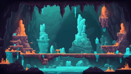 Game platform cartoon underground cave, fantasy world landscape