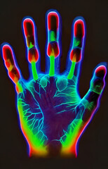 Thermal print of the palm of the hand on a black background. 