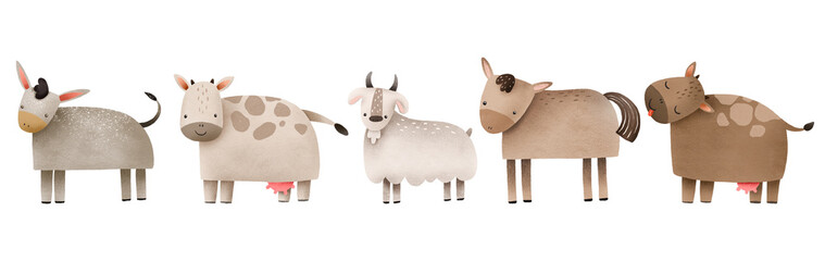Set of rural artiodactyl animals from the farm. Barnyard. Hand drawn illustration on isolated background - obrazy, fototapety, plakaty