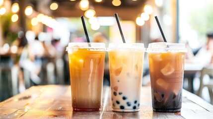 Assorted tapioca bubble teas on blurred coffee shop background, variety of refreshing drink choices.