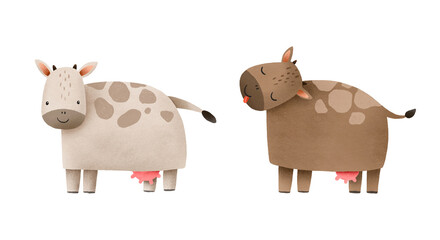 Cute cartoon cows. Artiodactyls from the farm. Barnyard. Simple minimalistic illustration on isolated background.