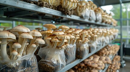 Portobello and champignon mushrooms in close-up from the factory against blurry backdrop with space for text or product, Generative AI.