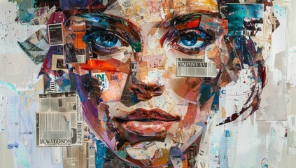 A collage of various pieces of paper, each with different images and colors, is arranged to create the portrait of an attractive woman's face. 