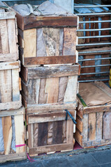 a pile of wooden crates
