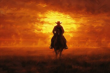 A cowboy riding his horse in the sunset on open plains, with the sun setting behind him casting long shadows and creating an atmospheric scene.