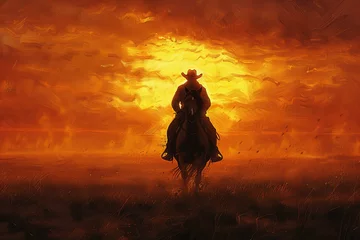 Papier Peint photo Rouge 2 A cowboy riding his horse in the sunset on open plains, with the sun setting behind him casting long shadows and creating an atmospheric scene.