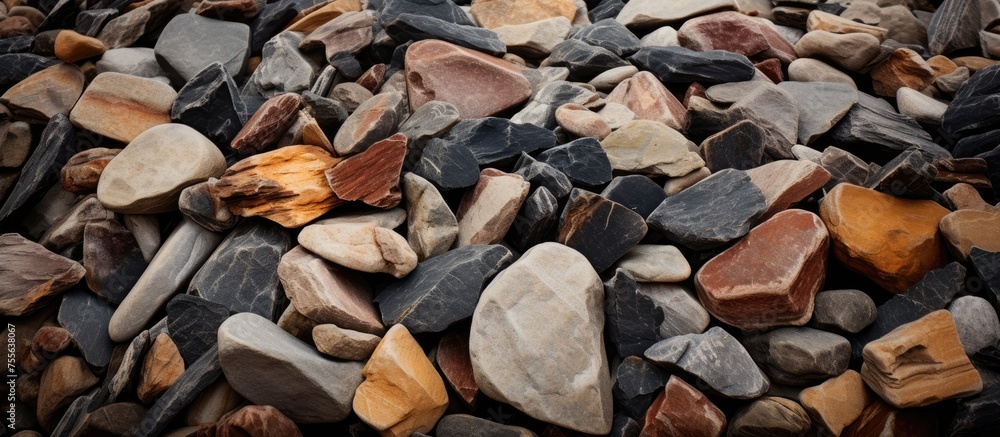 Poster a collection of rocks neatly arranged side by side, creating a pile of various shapes and sizes. the