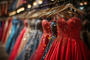 A display of colorful prom dresses on hangers, including reds and golds, in an elegant setting with soft lighting.  - obrazy, fototapety, plakaty