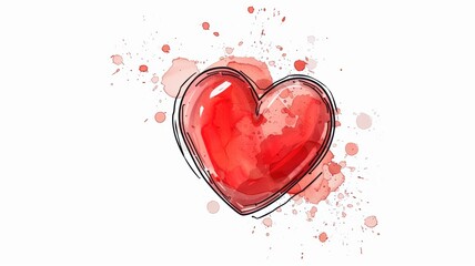 Watercolor painting of a red heart with splashes on a white background. Great for greeting cards, Valentine's Day.